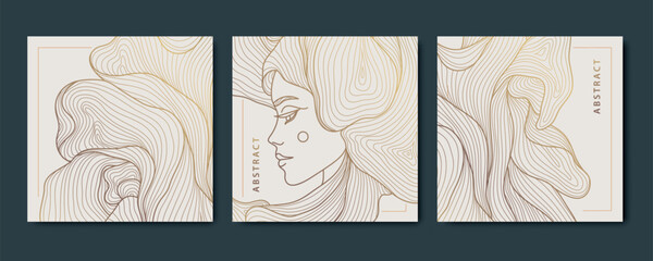 Vector set of line woman line cards, abstract beauty art deco portrait, hair salon, nature product package. Fashion feminine square posters