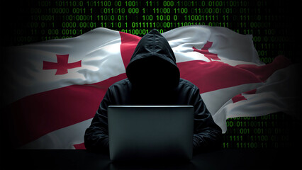 Georgia flag - 3D realistic waving flag on matrix digital background with binary code