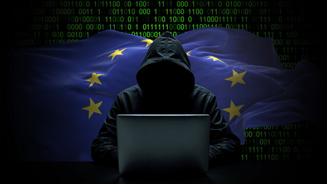 Europe flag - 3D realistic waving flag on matrix digital background with binary code