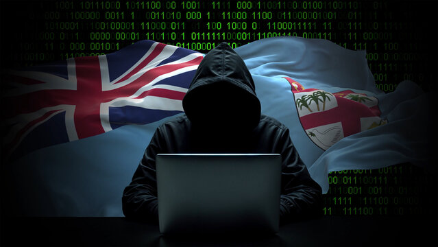 Fiji flag - 3D realistic waving flag on matrix digital background with binary code - Powered by Adobe