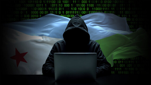 Djibouti flag - 3D realistic waving flag on matrix digital background with binary code - Powered by Adobe