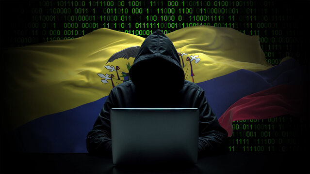 Ecuador flag - 3D realistic waving flag on matrix digital background with binary code