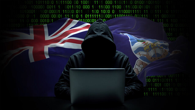 falkland Islands flag - 3D realistic waving flag on matrix digital background with binary code - Powered by Adobe