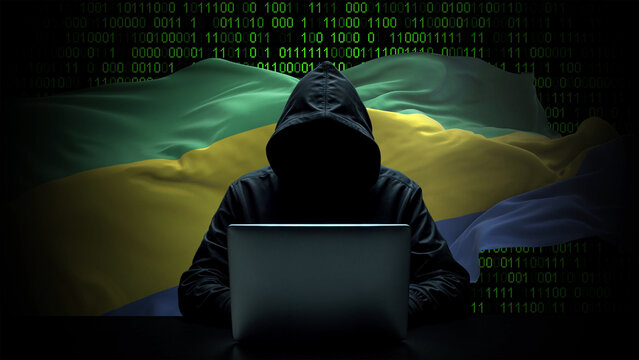 Gabon flag - 3D realistic waving flag on matrix digital background with binary code