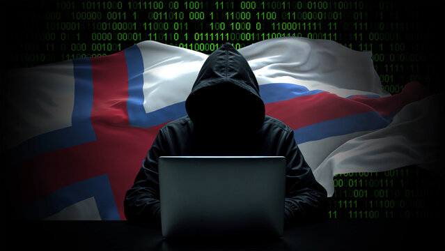 Faroe Island flag - 3D realistic waving flag on matrix digital background with binary code