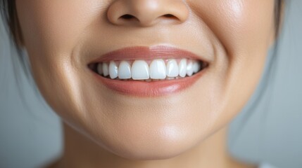 Close-up of Asian woman's mouth smiling brightly showing her teeth, conveying a message about oral care.