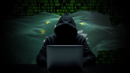 Macau flag - 3D realistic waving flag on matrix digital background with binary code