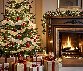 Christmas tree with gifts, decorations, baubles, and presents.