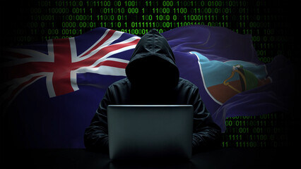 Montserrat flag - 3D realistic waving flag on matrix digital background with binary code