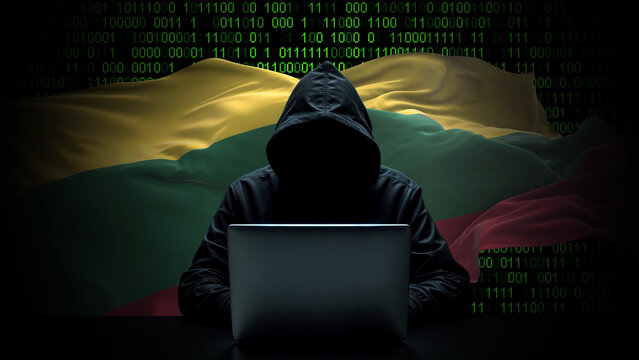 Lithuania flag - 3D realistic waving flag on matrix digital background with binary code