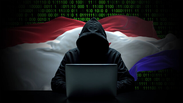 Mordovia flag - 3D realistic waving flag on matrix digital background with binary code