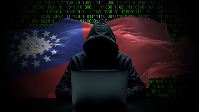 Myanmar Burma flag - 3D realistic waving flag on matrix digital background with binary code - Powered by Adobe