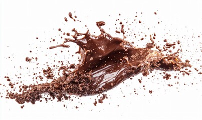 Liquid chocolate flowing smoothly on a clean white background, highlighting richness and indulgence, perfect for dessert and confectionery themes.