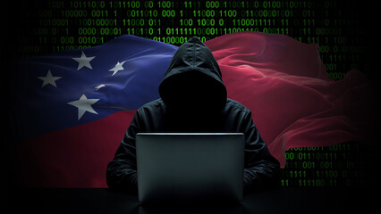 Samoa flag - 3D realistic waving flag on matrix digital background with binary code