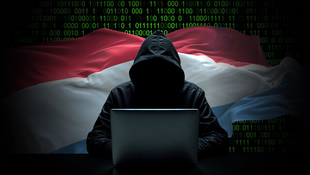 Luxembourg flag - 3D realistic waving flag on matrix digital background with binary code