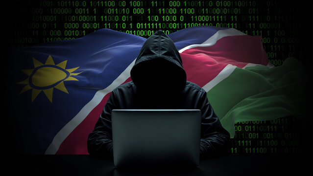 Namibia flag - 3D realistic waving flag on matrix digital background with binary code - Powered by Adobe