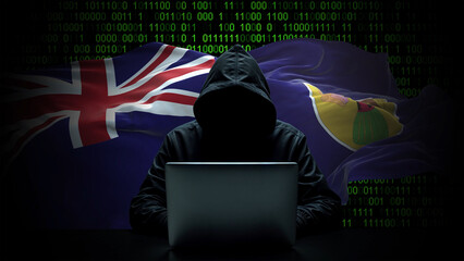 Turks and Caicos Islands flag - 3D realistic waving flag on matrix digital background with binary code