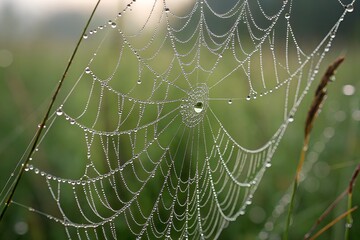 Intricate spiderweb adorned with tiny glistening dew in a morning field