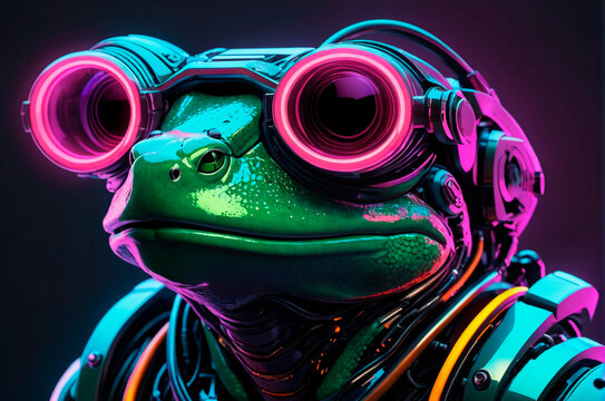 Portrait of a robotic frog in high-tech 3d glasses. Generative AI