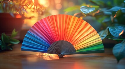 Rainbow hand fan on wooden surface with plants, sunset bokeh.