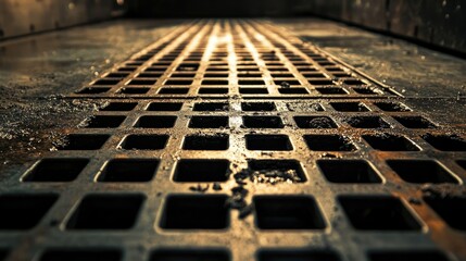 Close-up of a metallic grid floor, dirt and scuff marks visible, with a shadowy background