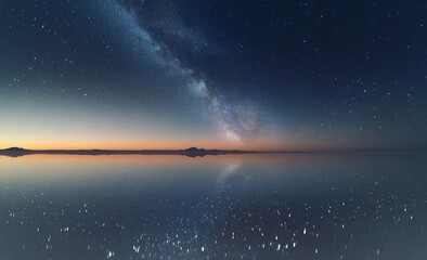 A serene night scene with the Milky Way shining over the horizon, blending tranquility and vastness, ideal for commercial backgrounds.