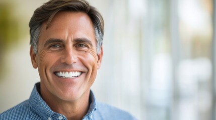 Fototapeta premium Smiling 50-year-old man shows off his well-groomed teeth against a blurred background that leaves room for additional text.