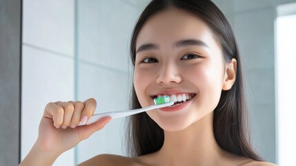 Smiling Asian teenage girl with fresh mint toothpaste foam on her toothbrush, demonstrating good oral hygiene in a clean bathroom.