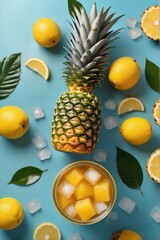 a jar of fresh Pine Apple juice with whole and sliced Pine Apple immersed in the drink. Ice cubes glisten on the surface