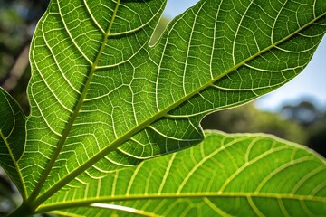 Obraz premium Macro view of a vibrant green leaf displaying intricate vein patterns in natural sunlight