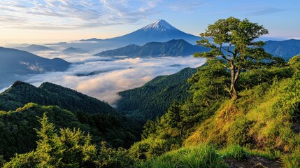 Tranquil Japanese Mountain Range at Sunrise with High Fidelity Detail