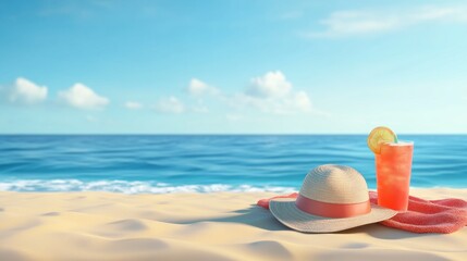 Beach Relaxation Summer Hat Drink Towel Sand Ocean