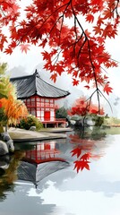 Tranquil Japanese Temple Reflected in Calm Water Surrounded by Autumn Foliage