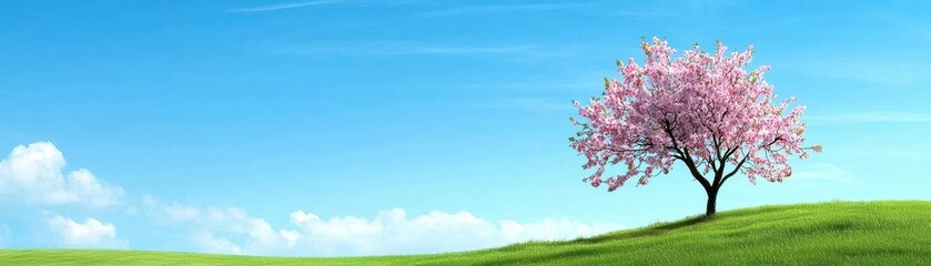 Fototapeta premium Tranquil Cherry Blossom Tree Under a Bright Blue Sky with Green Grass