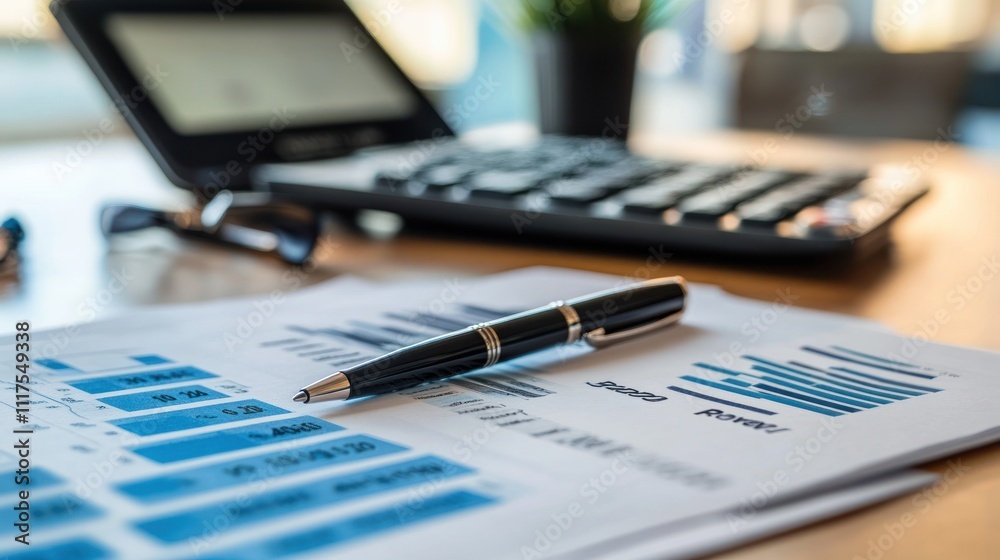 Poster financial report data analysis with pen and calculator