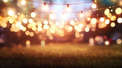 Festive Outdoor Evening Scene with String Lights and Grass.