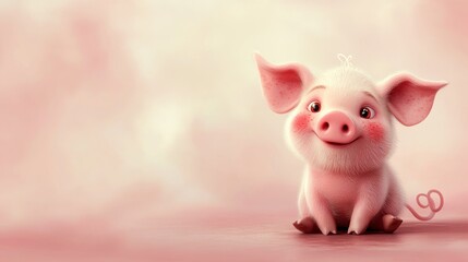 Adorable Pink Piglet Sitting on Pink Background