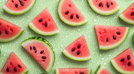 Watermelon refreshment pattern. Fresh watermelon slices arranged on a green background, showcasing vibrant pink flesh and contrasting green rind.