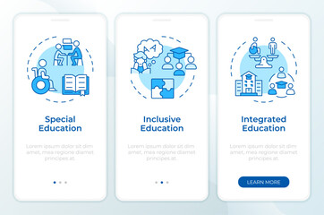 Approaches to education blue onboarding mobile app screen. School walkthrough 3 steps editable graphic instructions with linear concepts. UI, UX, GUI template. Montserrat SemiBold, Regular fonts used