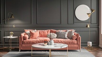 Stylish living room with charcoal grey walls, coral loveseat, marble coffee table, and chic floor lamp in coastal villa,