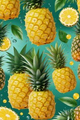 a jar of fresh Pine Apple juice with whole and sliced Pine Apple immersed in the drink. Ice cubes glisten on the surface