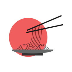 Vector illustration of Asian noodles with chopsticks on a plate. Hot dishes. Icons of dishes.