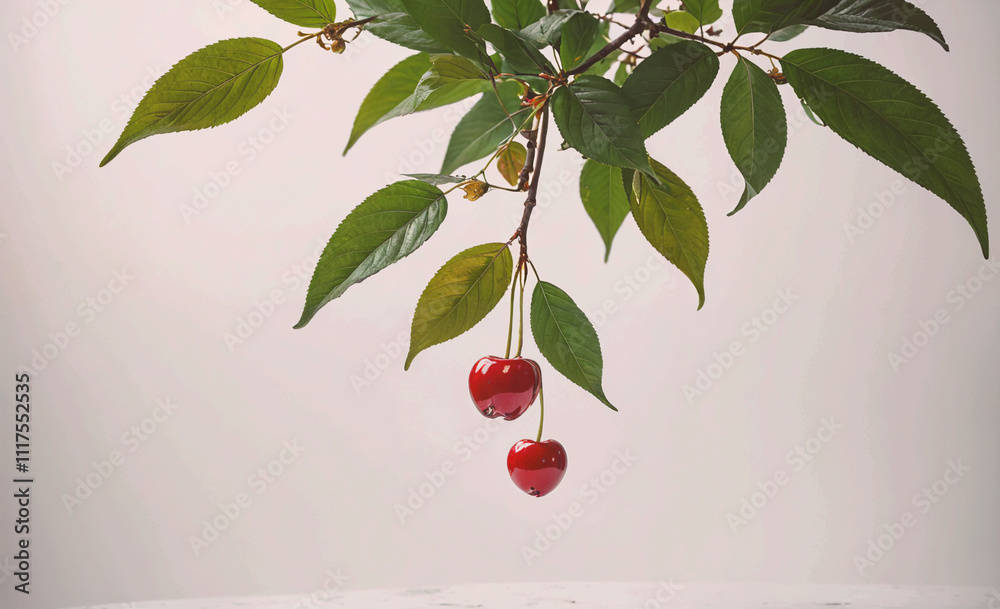 Poster two red cherries hanging from a tree branch. the cherries are on a white background