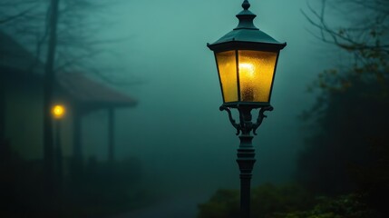 Illuminated Lamppost in a Misty Night Setting