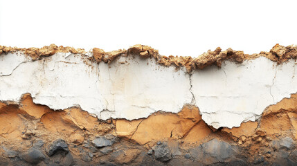 Naklejka premium Detailed cross-section of earth layers with varied textures and colors against a stark white background, illustrating geological strata and soil composition.