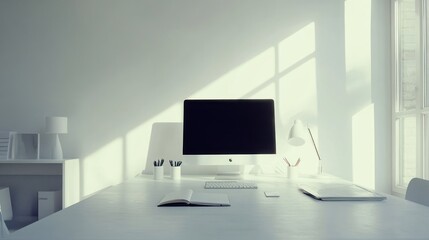 Minimalist White Office Workspace Sunlight Streaming Through Window