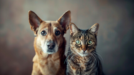 Fototapeta premium Portrait of a Happy Dog and Cat Smiling and Looking at the Camera