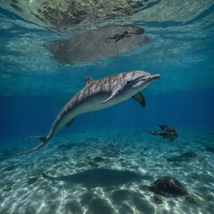 Fototapeta premium A river dolphin and a stingray swimming gracefully in crystal blue waters.