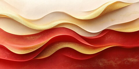 Obraz premium Luxurious yellow silk and ribbon adorned with golden sparkles on a rich red background, creating an opulent and elegant atmosphere with ample white space.