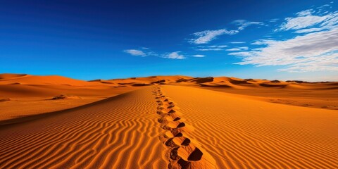 Naklejka premium A serene desert landscape features golden sand dunes under a brilliant blue sky, with footprints leading across the vast expanse.